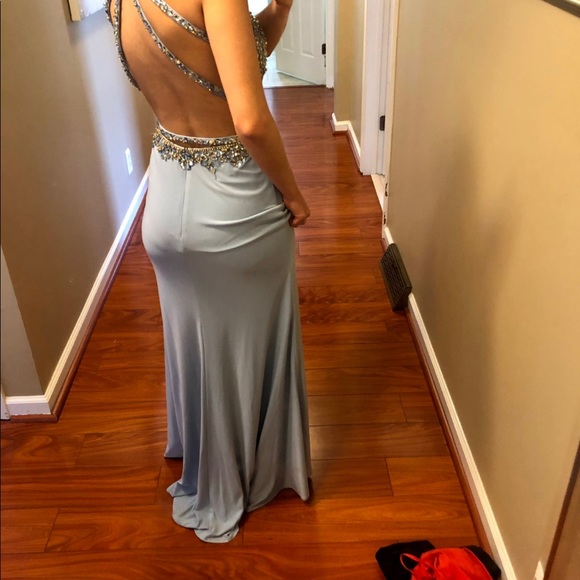 Powder blue prom dress with sequin top and back and slit - Picture 2 of 2